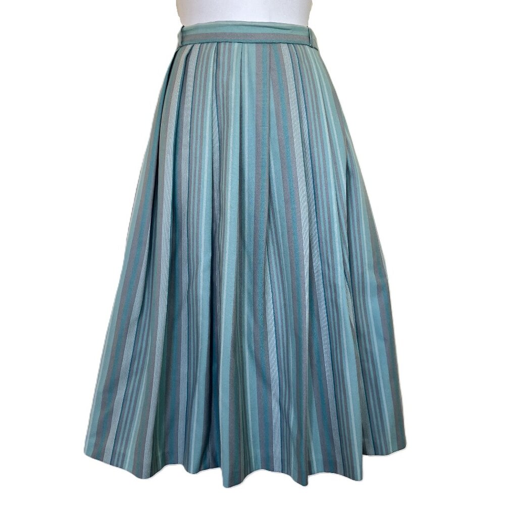 Edinburgh Woollen Mill Wool Pleated Skirt Mint Stripe Vintage Made in UK W29"